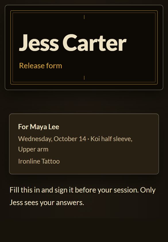 The release form, as a client sees it on their phone