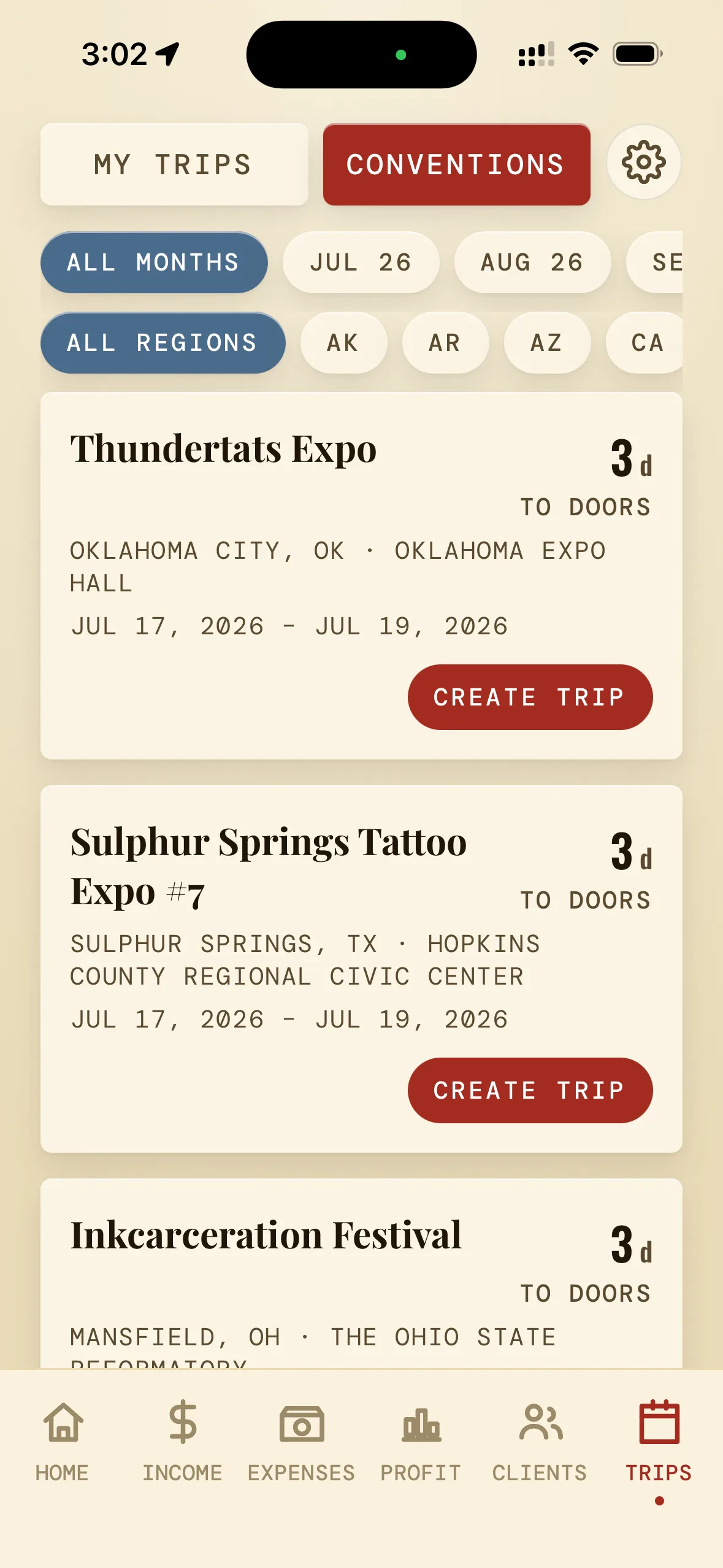 App screenshot — Trips & Calendar