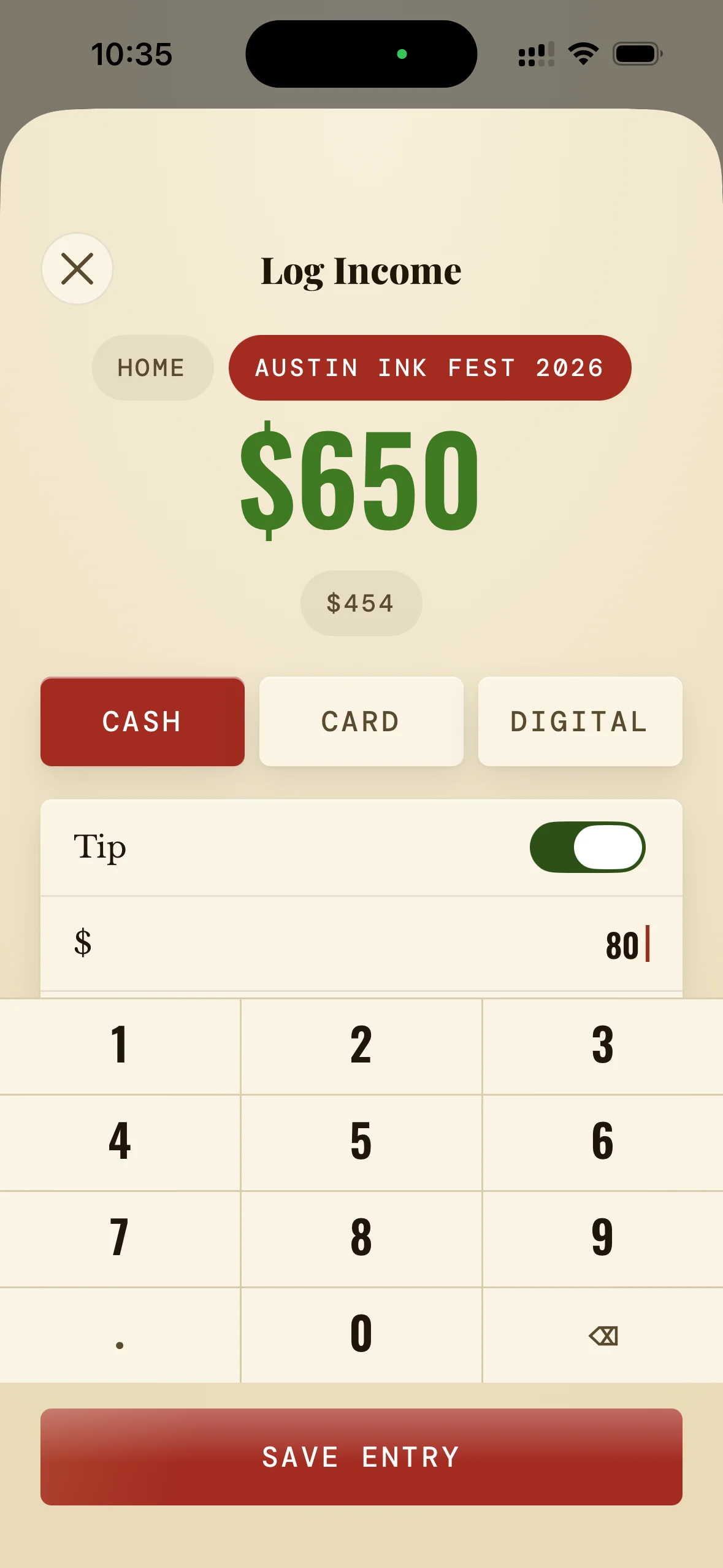 App screenshot: Income log