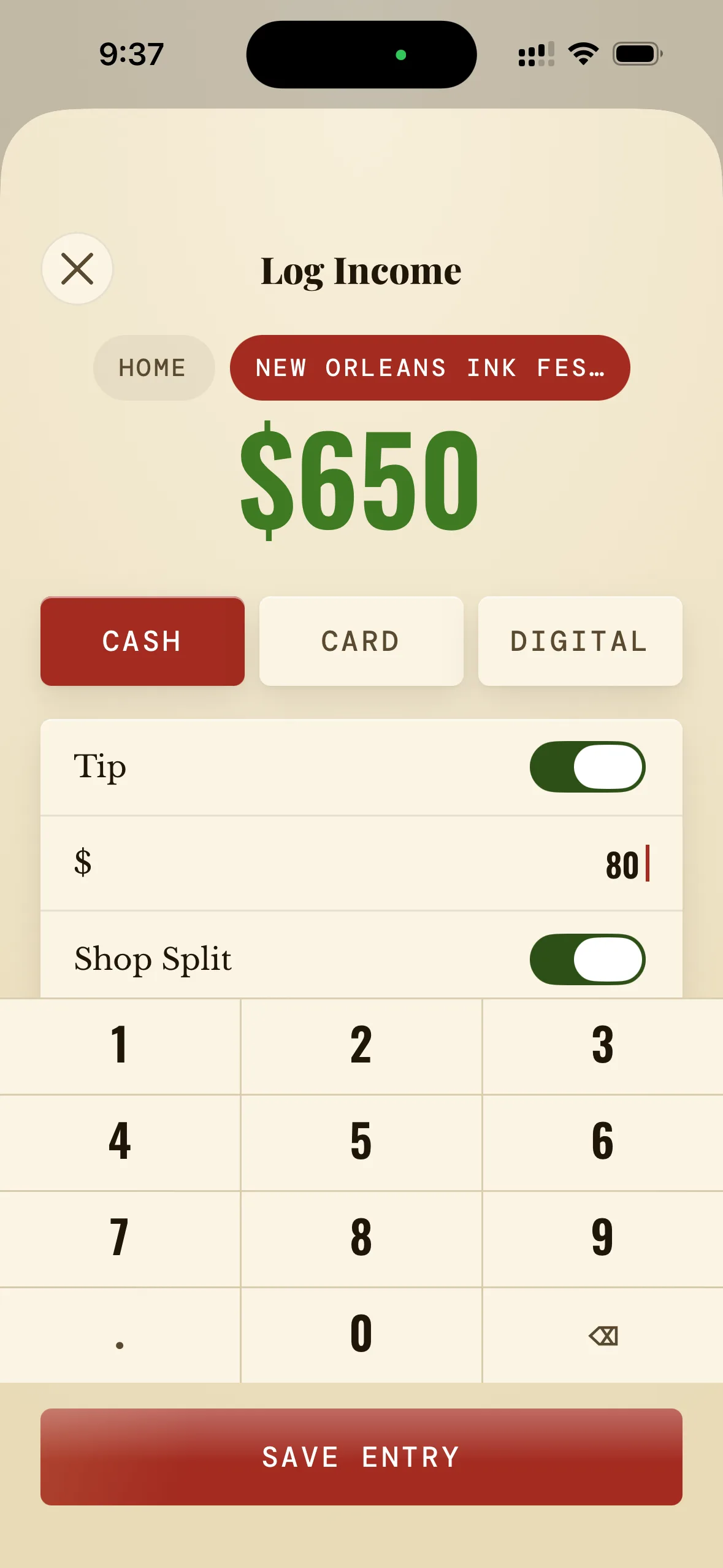 App screenshot — Income log