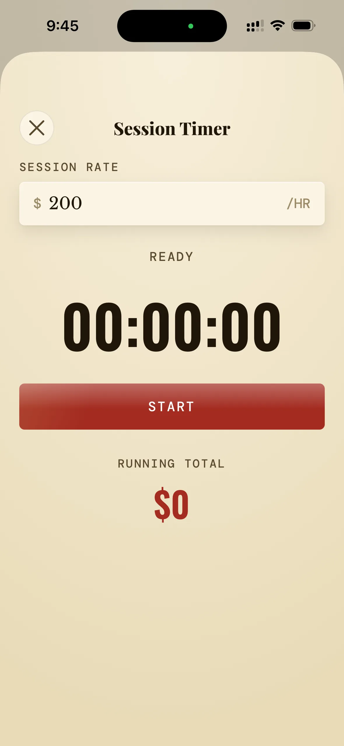 App screenshot — Session timer