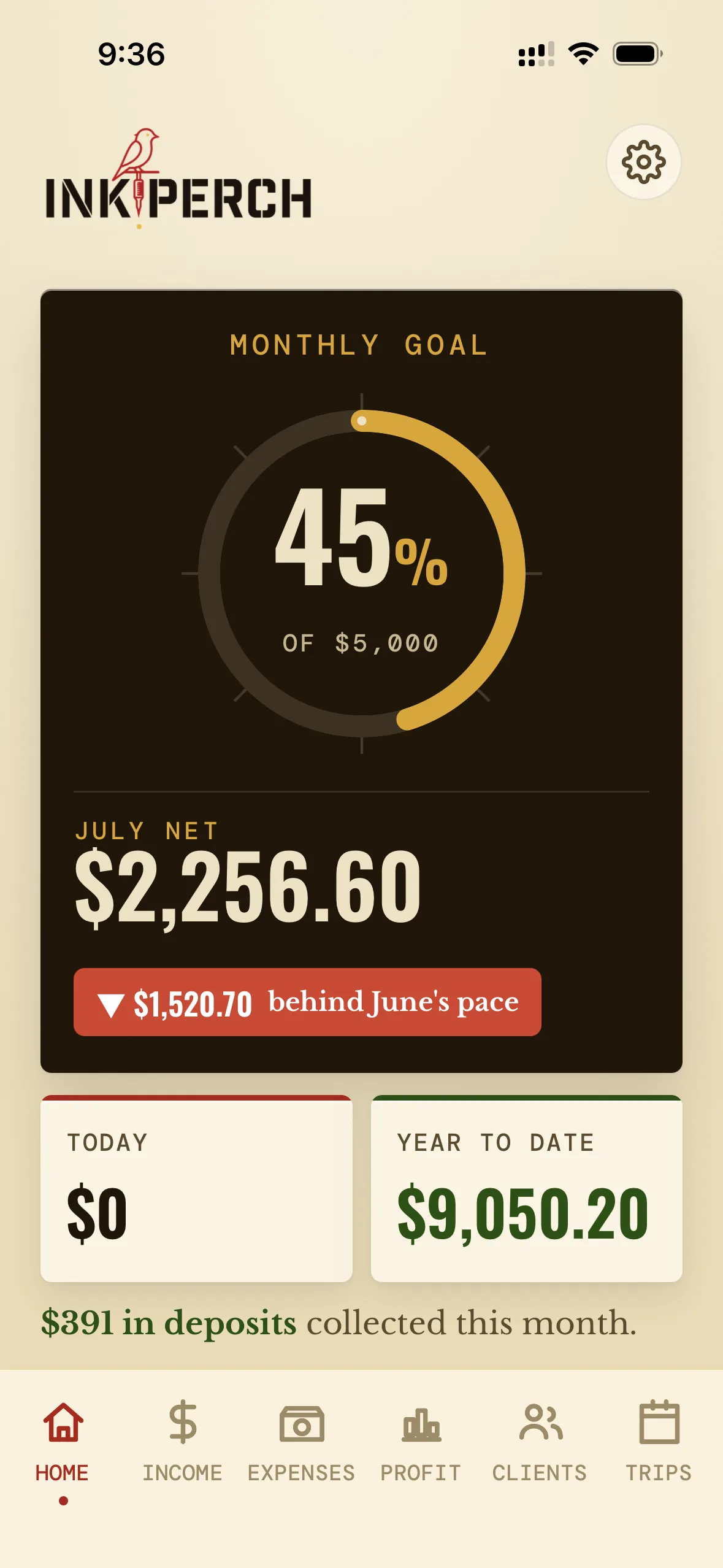 App screenshot — Home dashboard