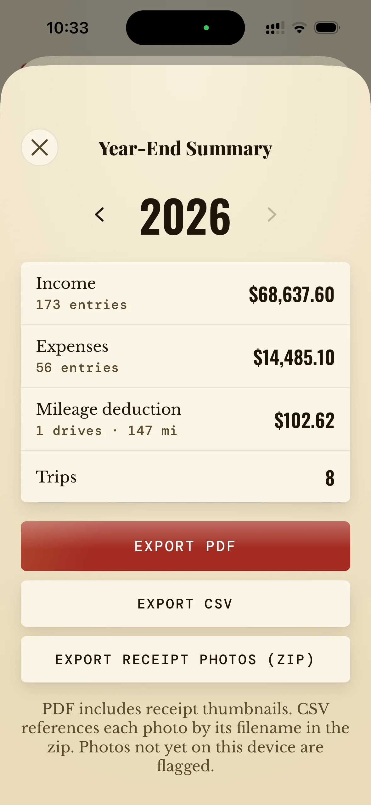 App screenshot: Year-end export