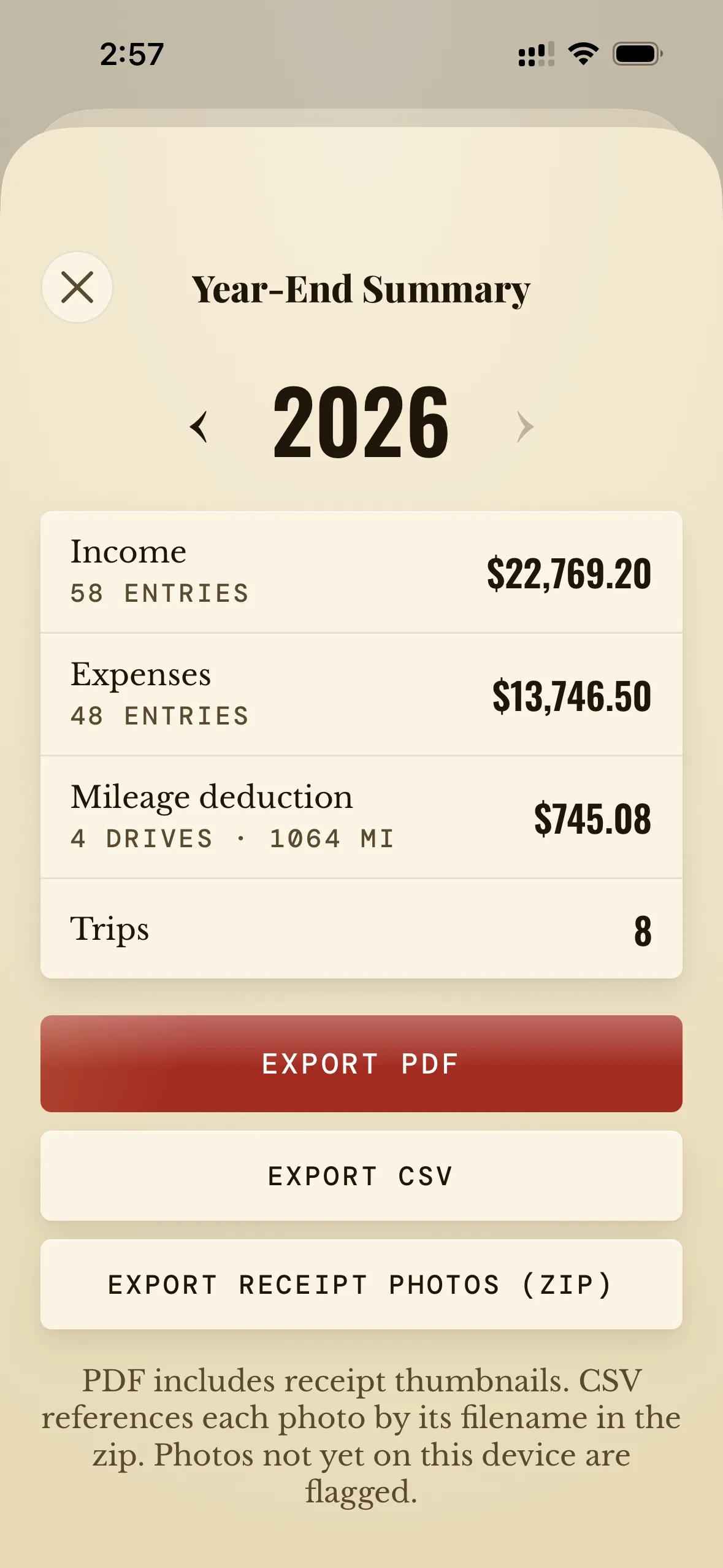 App screenshot — Year-end export