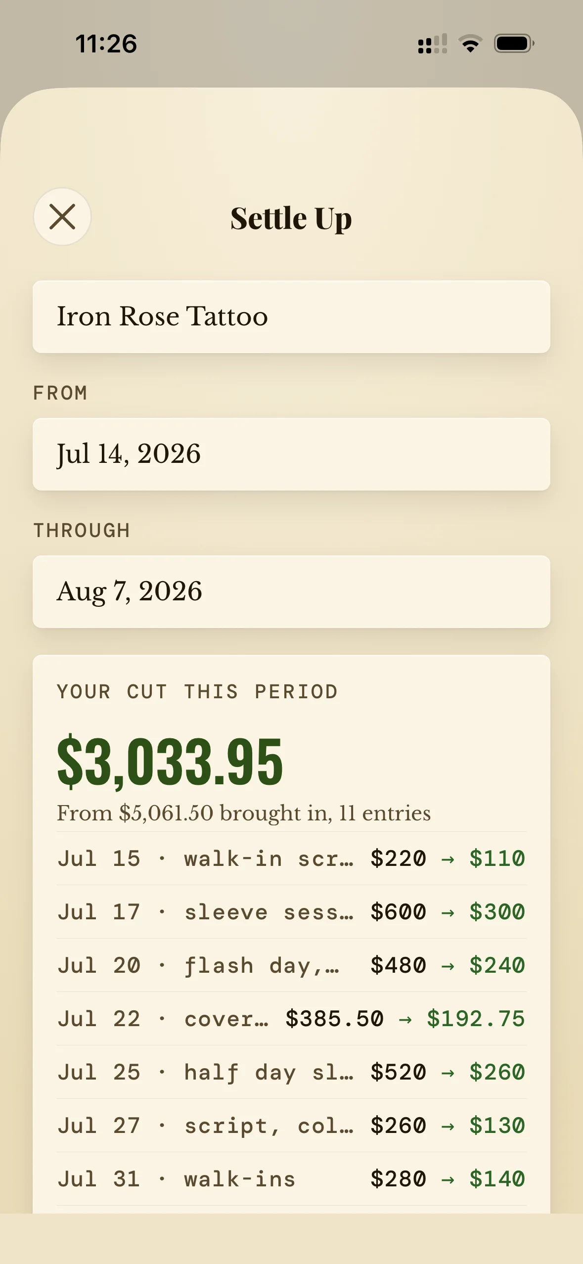 App screenshot: Settle Up, showing your cut for the pay period